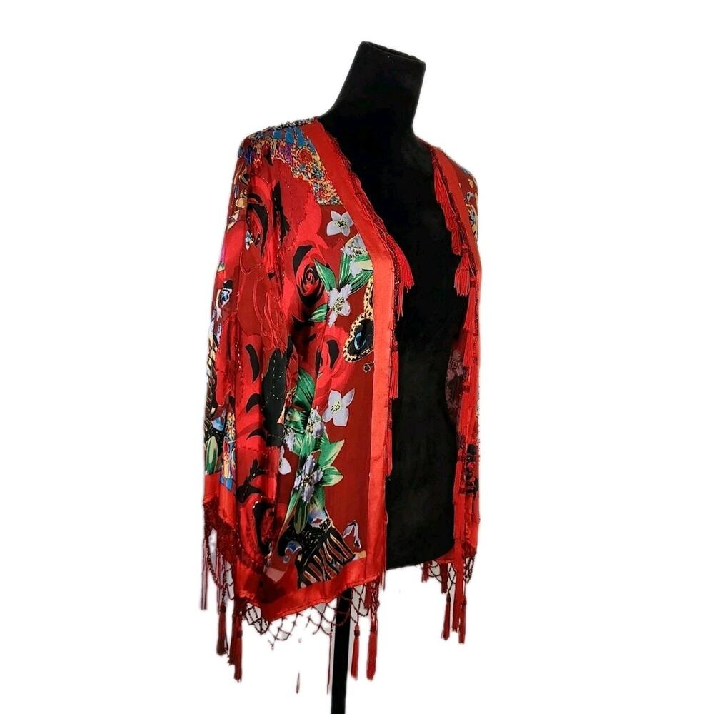 Aria A Vintage Beaded Tassels Silk Blend Floral Kimono Red Multicolor Gipsy Boho - Picture 2 of 9